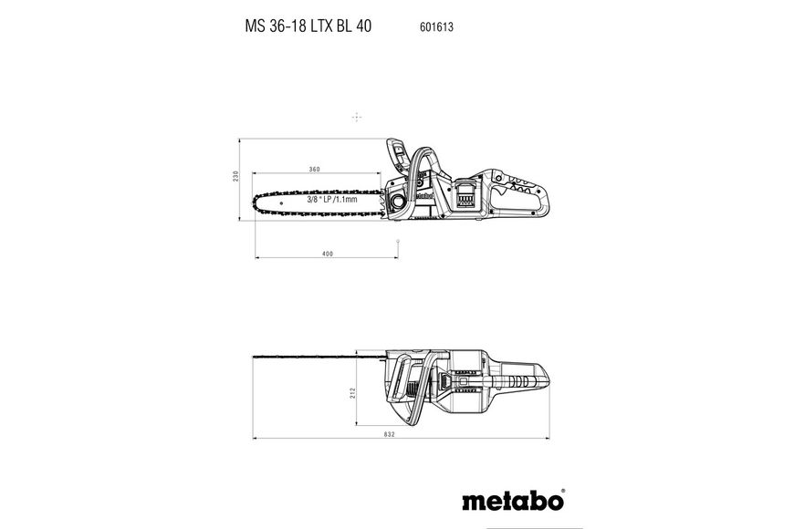 Пила цепная аккумуляторная Metabo MS 36-18 LTX BL 40 (Без АКБ) (601613850)  фото